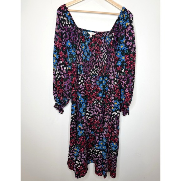 Terra & Sky Dress 1X 16W-18W Midi Tiered Long Sleeve Smock Peasant Moody Floral - Picture 1 of 6